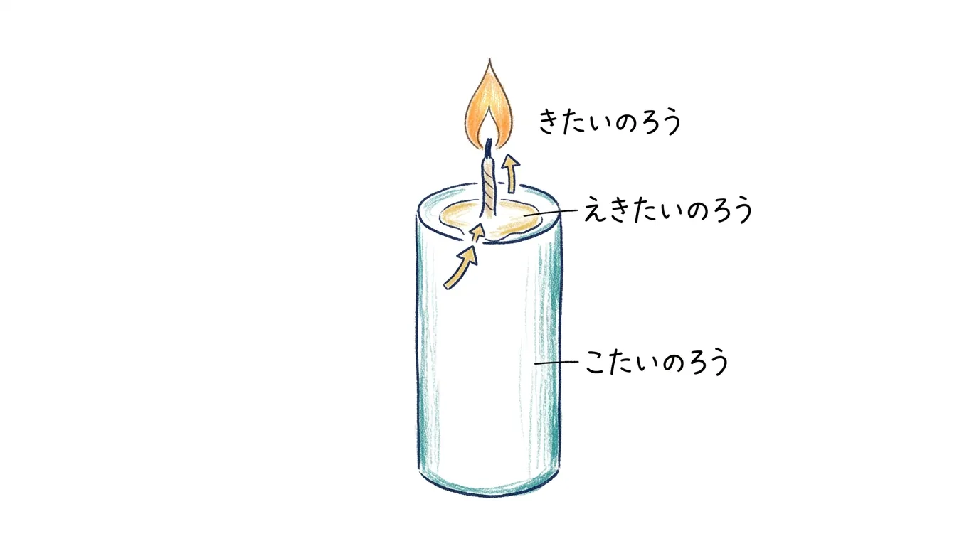 固体のろうが液体になり、芯を上って気体になって燃える図