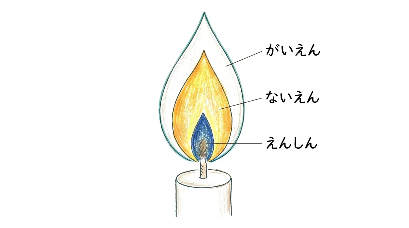 外炎・内炎・炎心の3つの層を示した炎の断面図