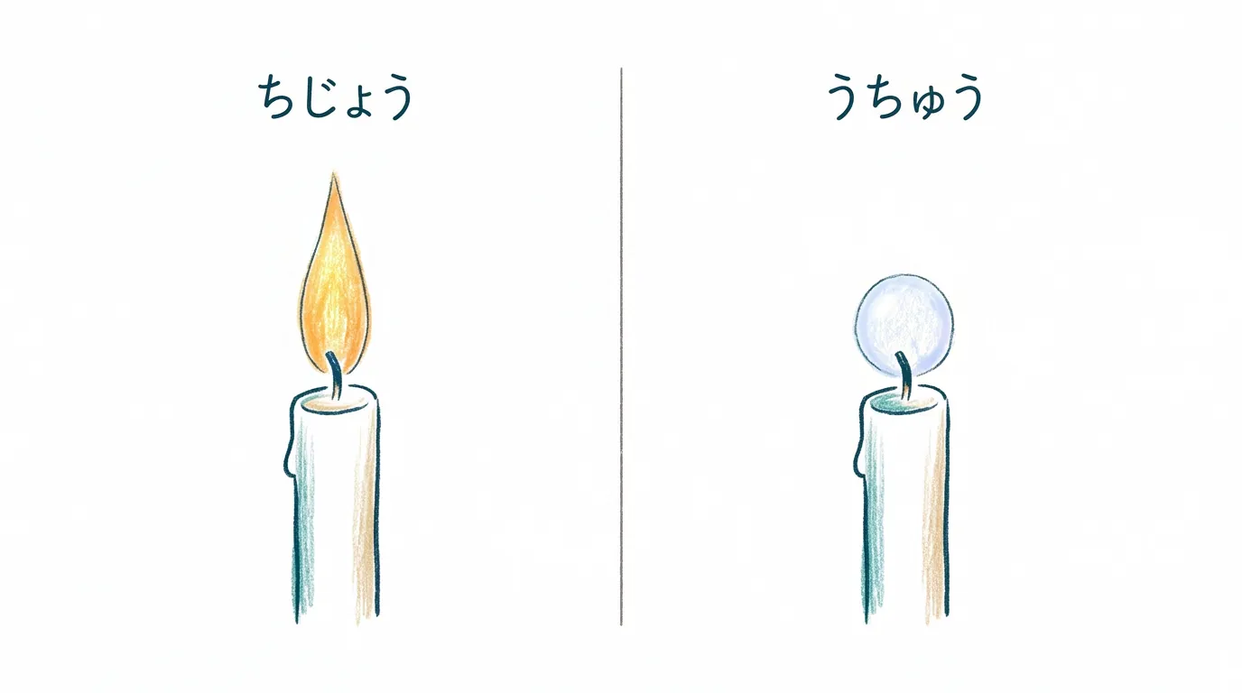 地上の細長い炎と、宇宙のまるい炎をくらべた図