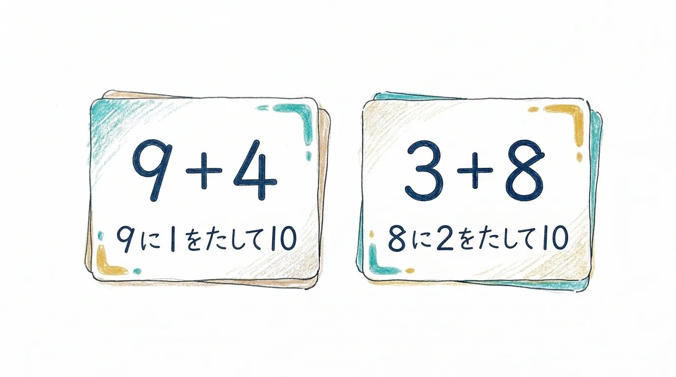 9+4と3+8で、10に<ruby>近<rt>ちか</rt></ruby>いほうを10にする<ruby>例<rt>れい</rt></ruby>のカード