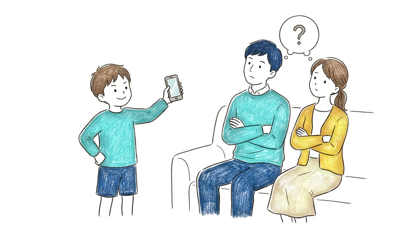スマホを片手に両親へ出題する子どもの絵
