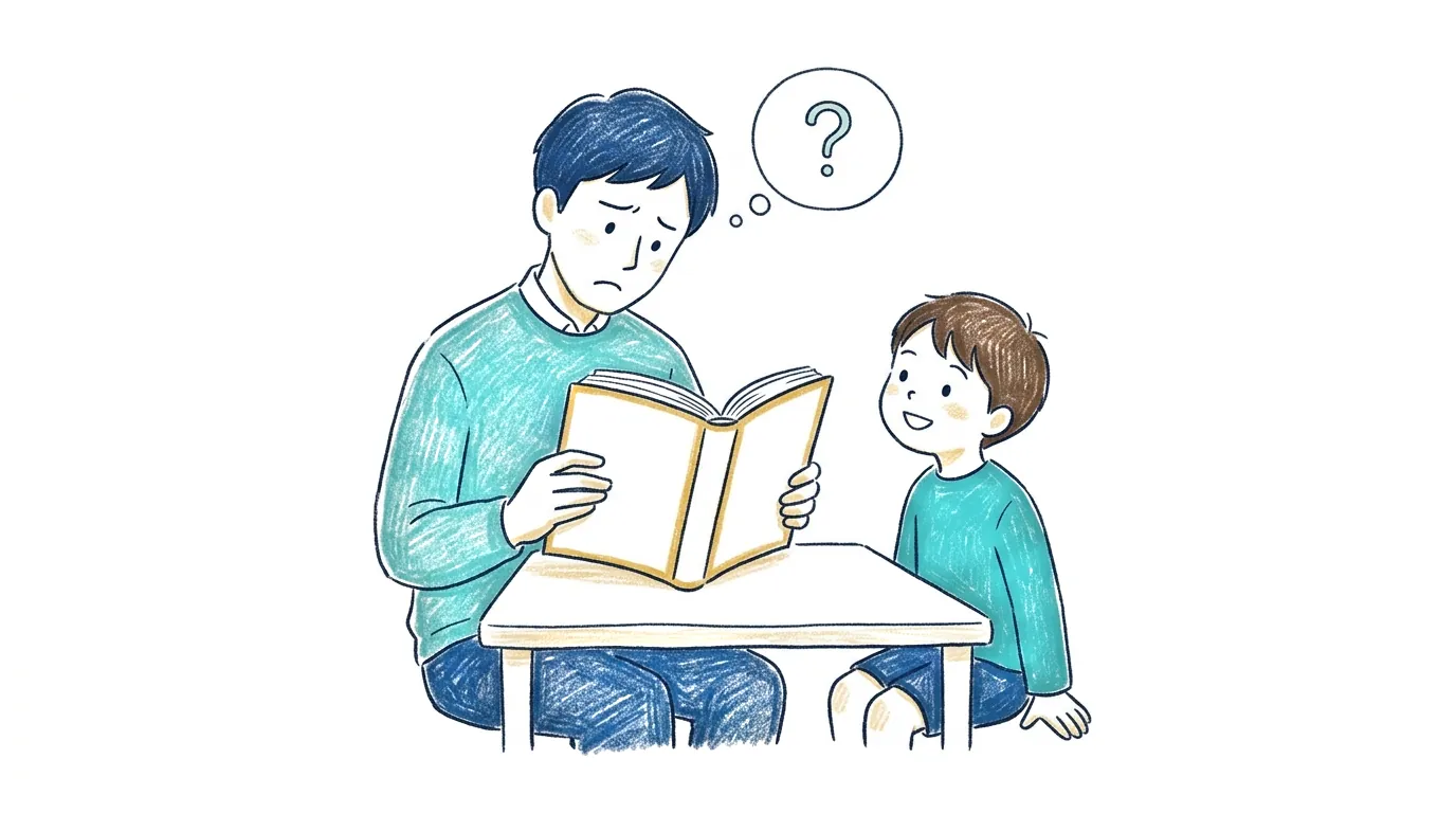本を前に首をかしげるお父さんの絵