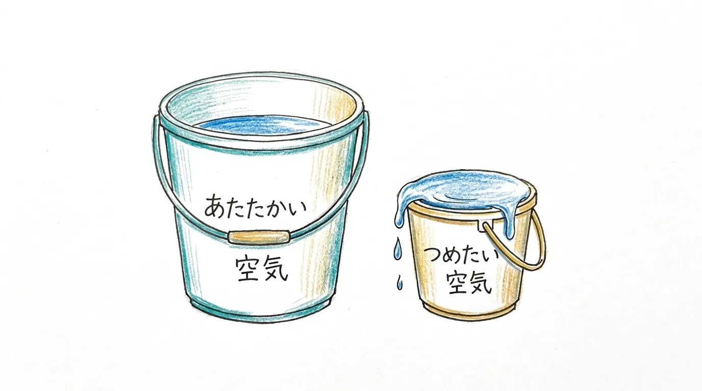 <ruby>温<rt>あたた</rt></ruby>かい<ruby>空気<rt>くうき</rt></ruby>と<ruby>冷<rt>つめ</rt></ruby>たい<ruby>空気<rt>くうき</rt></ruby>を<ruby>大小<rt>だいしょう</rt></ruby>のバケツで<ruby>比<rt>くら</rt></ruby>べた<ruby>図<rt>ず</rt></ruby>
