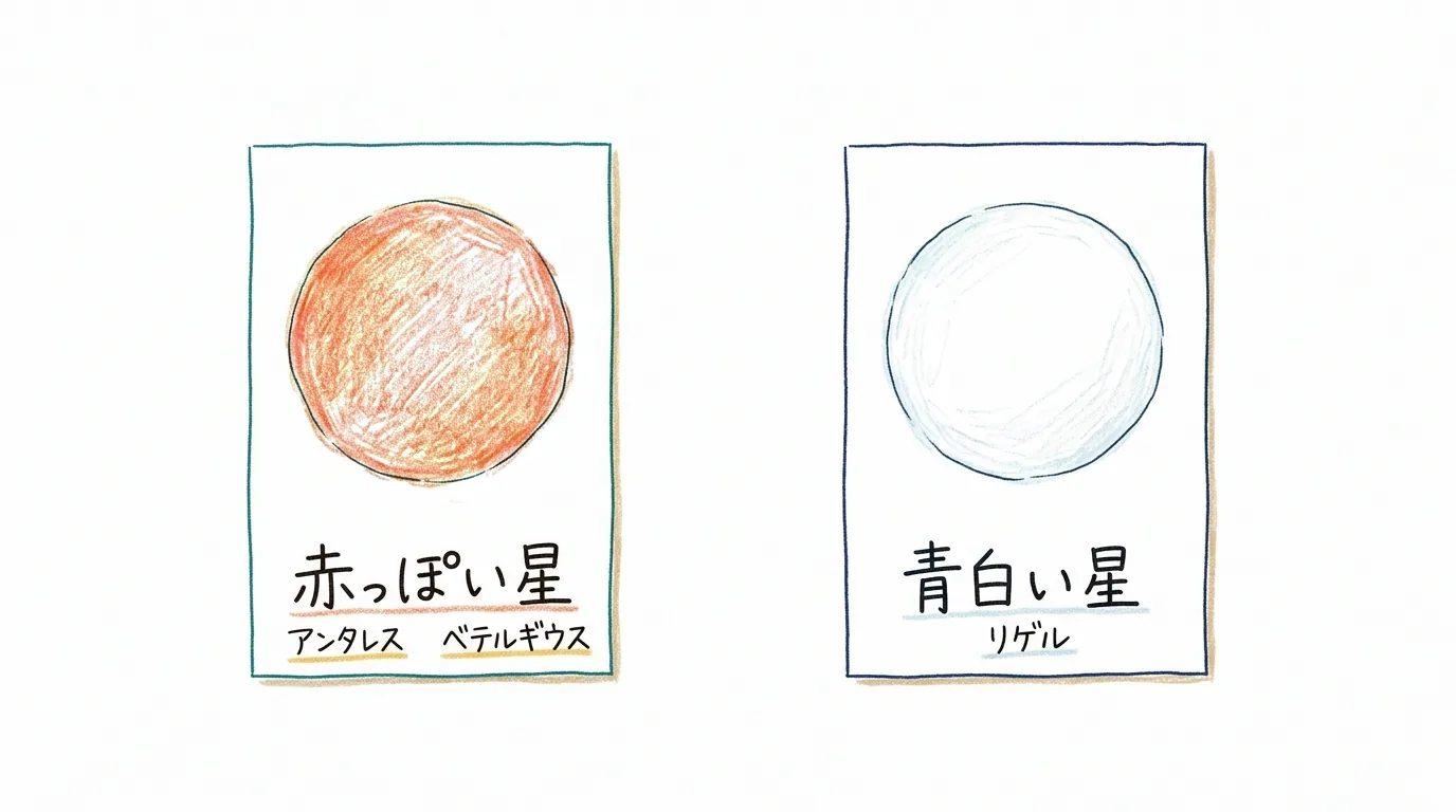 赤い星と青白い星をカードで比べた図