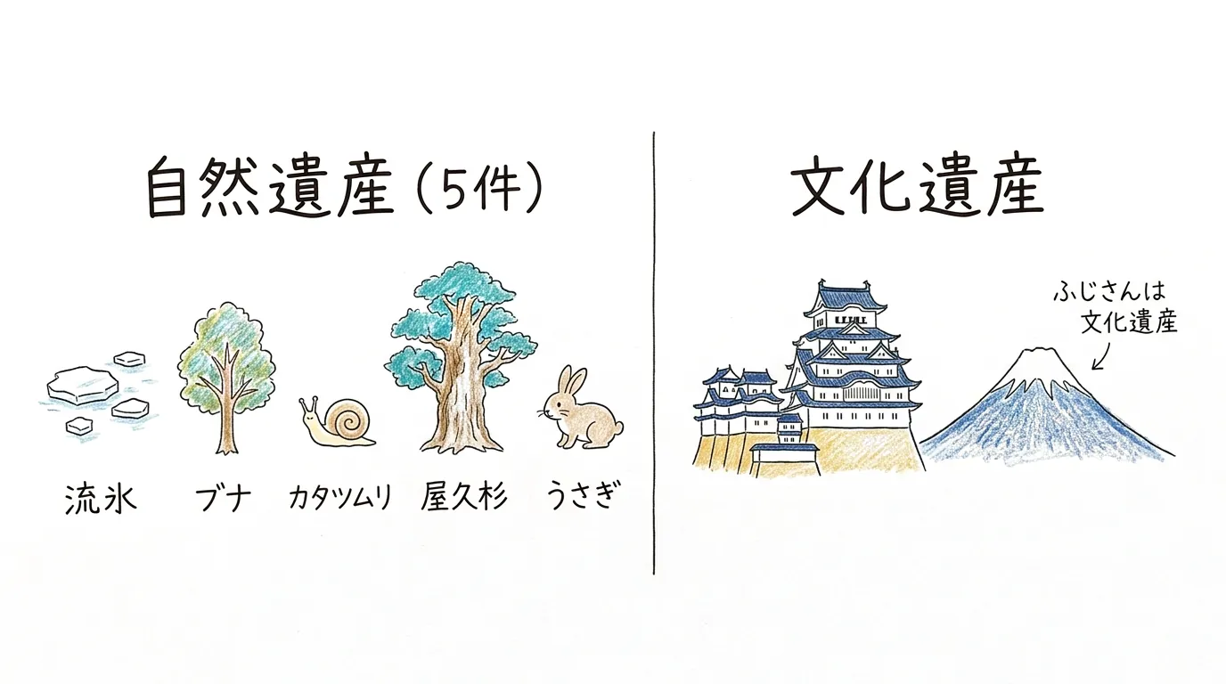 自然遺産と文化遺産の区別・富士山は文化遺産という2コマ比較
