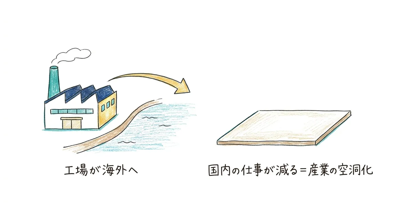 工場が海外へ移り国内の仕事が減る産業の空洞化の図