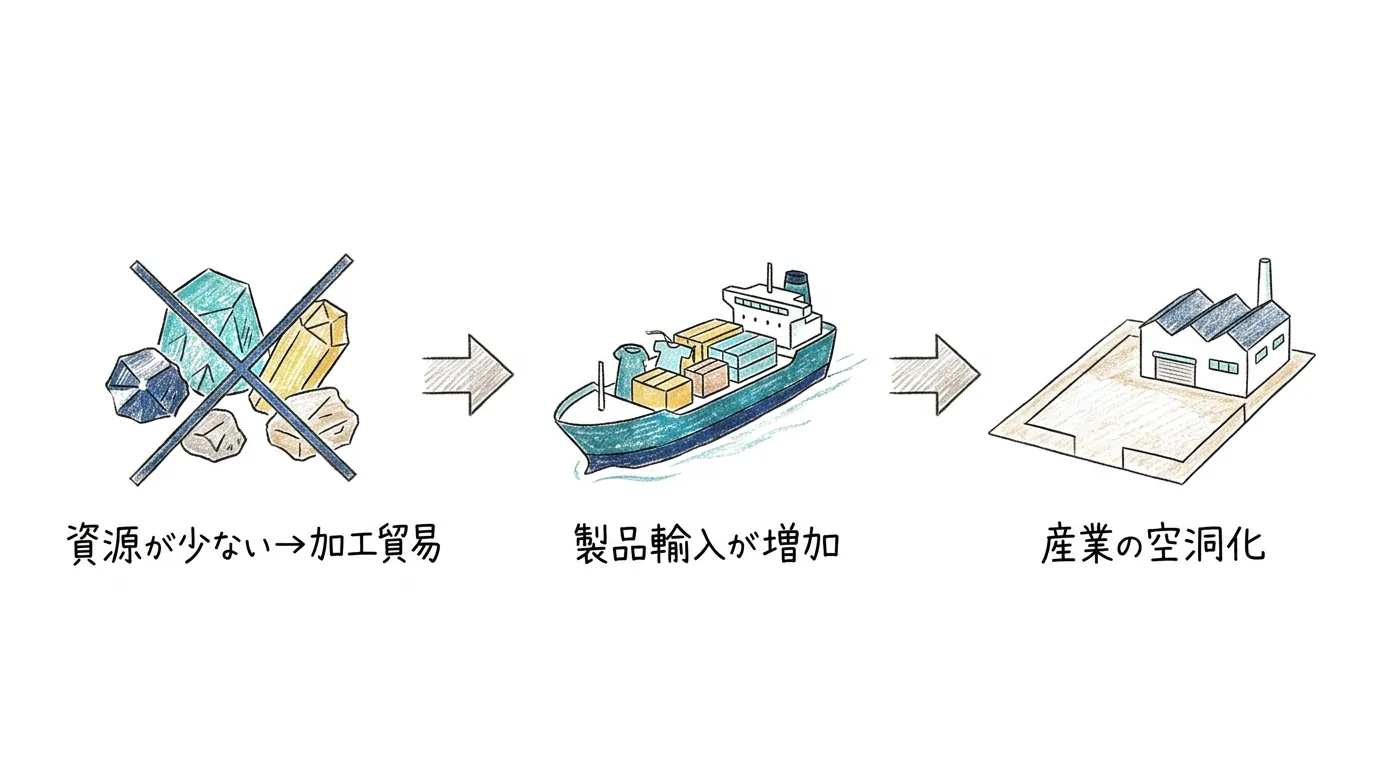 資源が少ない→加工貿易、製品輸入増加、産業の空洞化の3ステップ図
