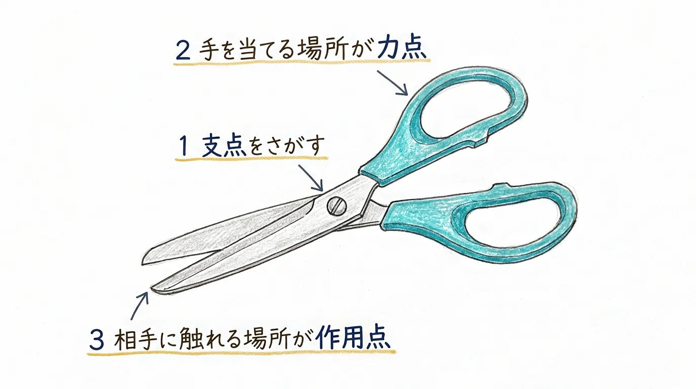 はさみを例に3つの点をさがす手順の図