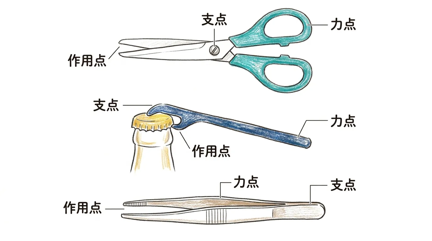はさみ・せんぬき・ピンセットのどこが支点・力点・作用点かを示した図