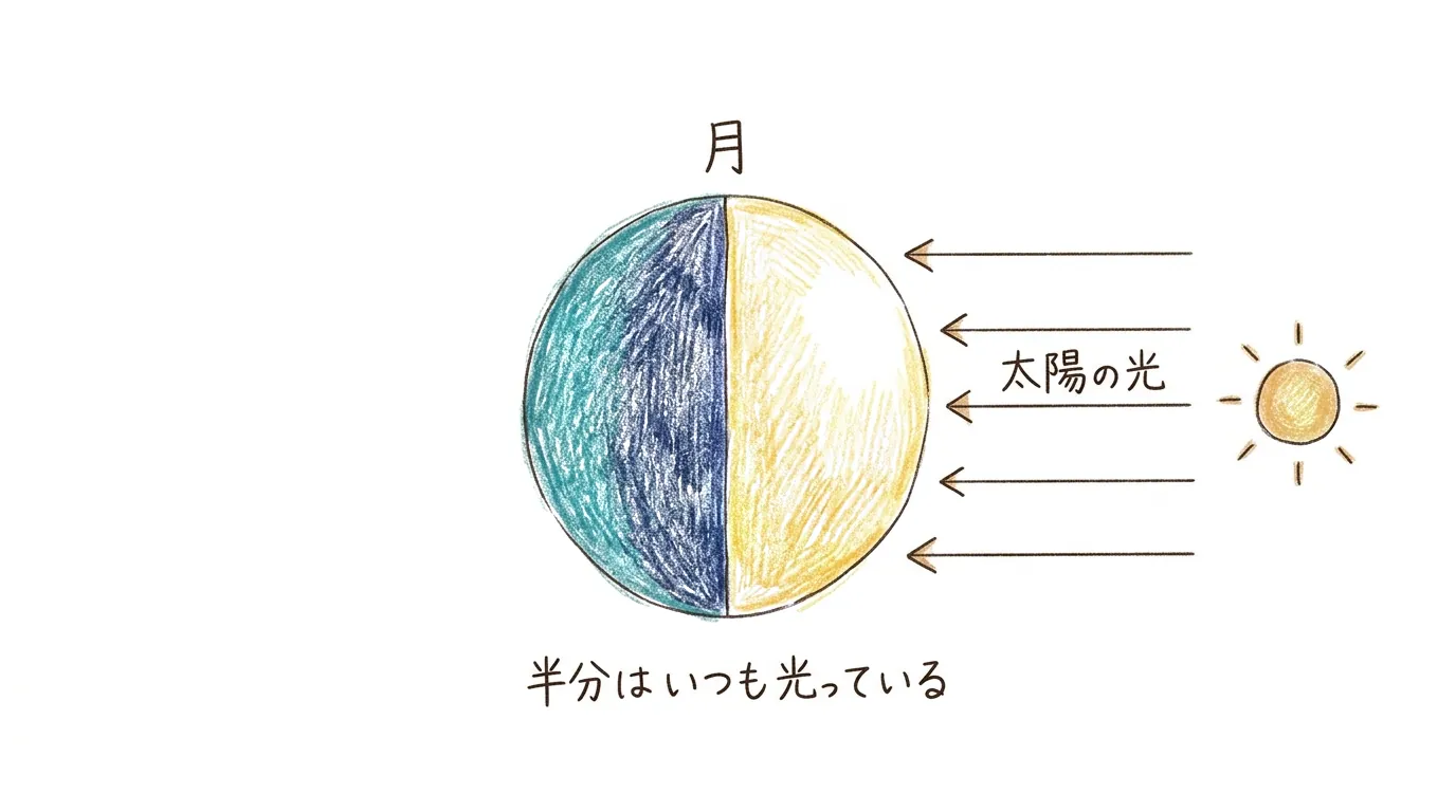 太陽の光を受けて半分だけ明るくなっている月の図