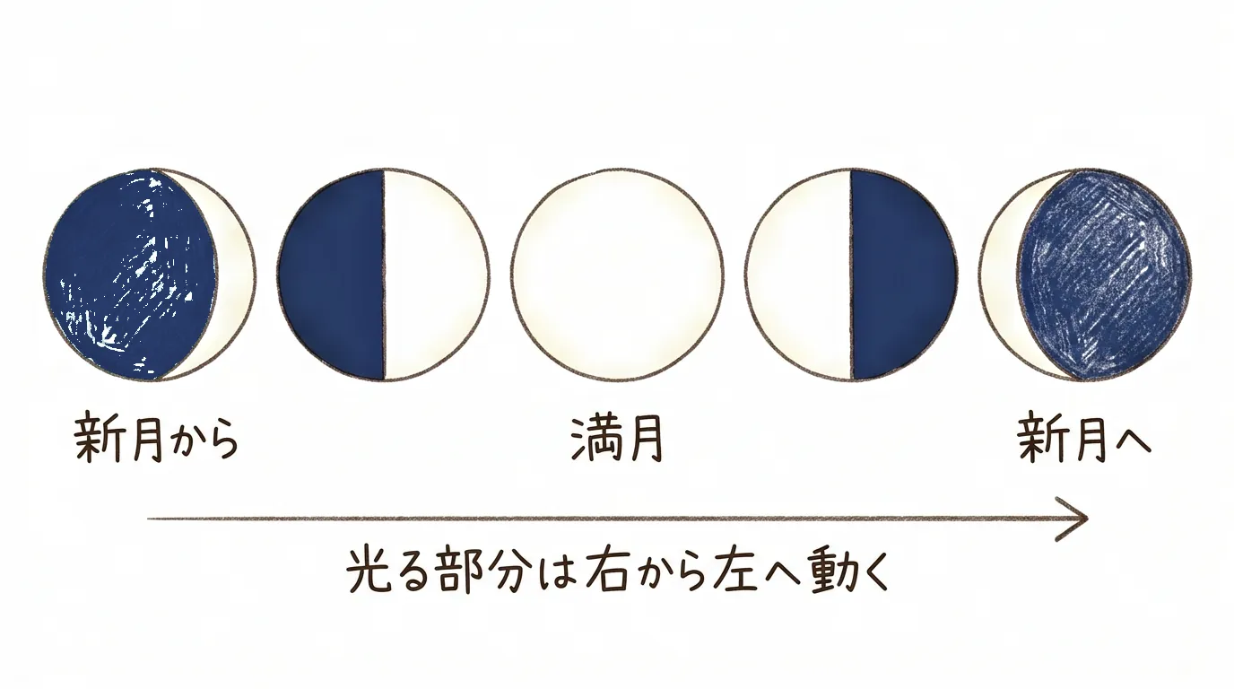 新月から満月を通って新月へ戻るまでの満ち欠けの並び