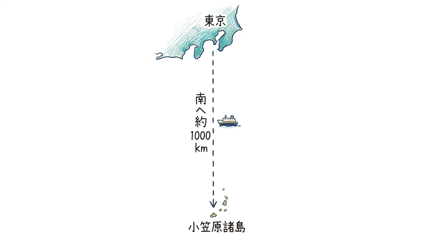 東京から南へ約1000km・船でまる1日かかる小笠原諸島の位置図