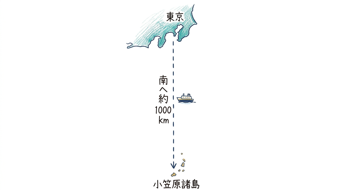 東京から南へ約1000km・船でまる1日かかる小笠原諸島の位置図