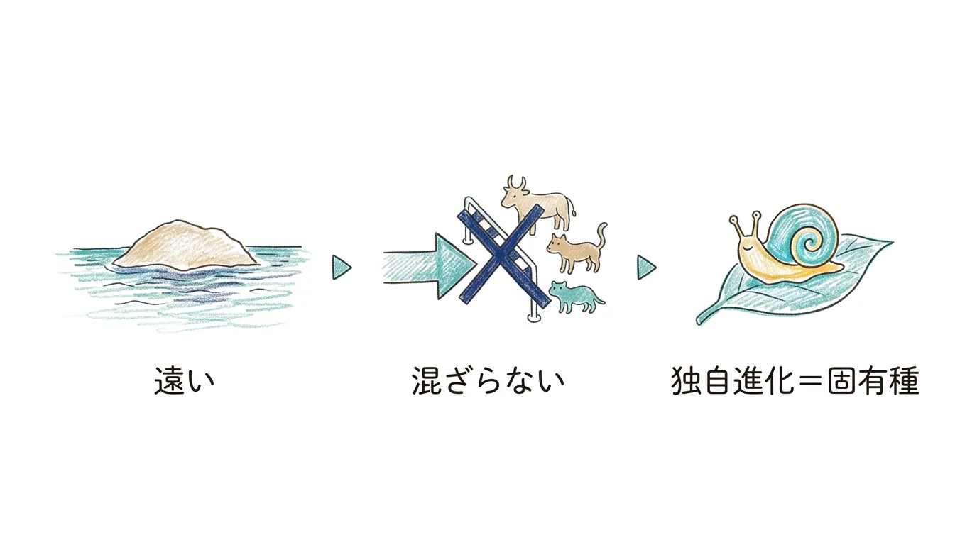 遠い→混ざらない→独自進化=固有種、の3語でおぼえる図