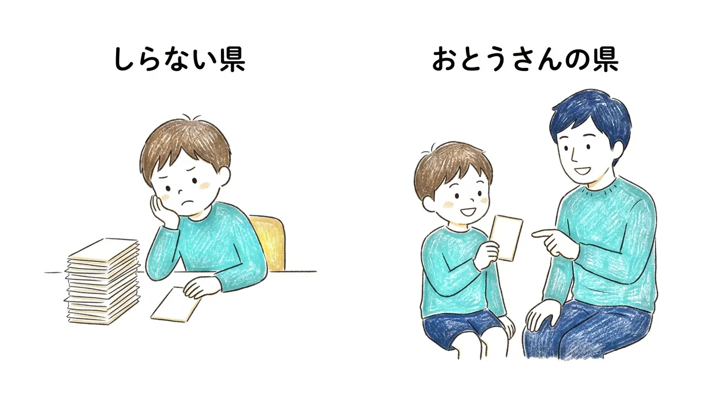 <ruby>知<rt>し</rt></ruby>らない<ruby>県<rt>けん</rt></ruby>のカードの<ruby>山<rt>やま</rt></ruby>と、お<ruby>父<rt>とう</rt></ruby>さんの<ruby>県<rt>けん</rt></ruby>の1<ruby>枚<rt>まい</rt></ruby>のくらべ