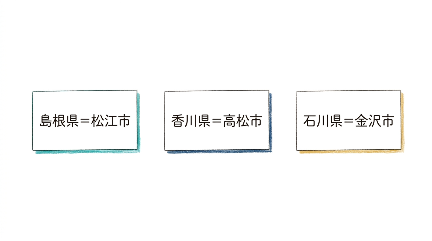 島根県=松江市・香川県=高松市・石川県=金沢市のペア暗記カード