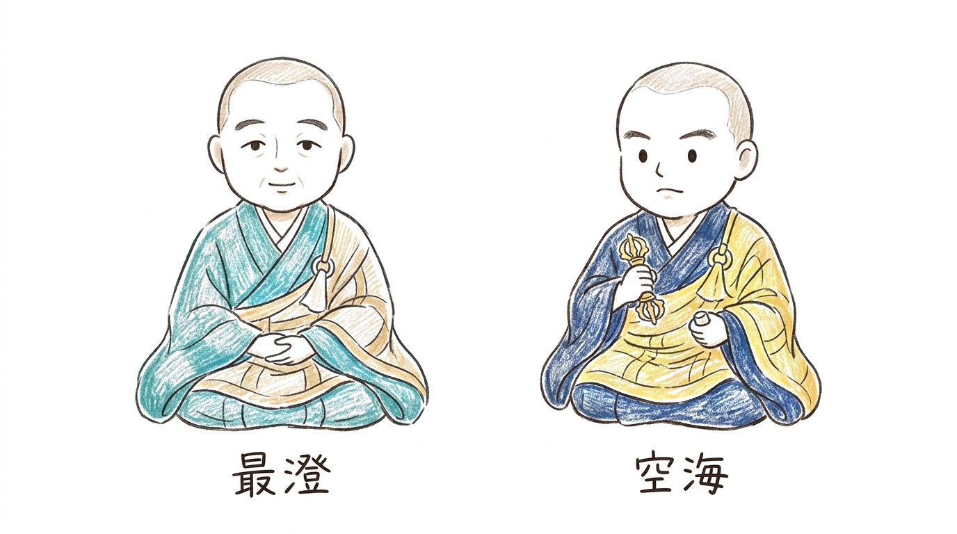 最澄と空海の人物画(デフォルメ)