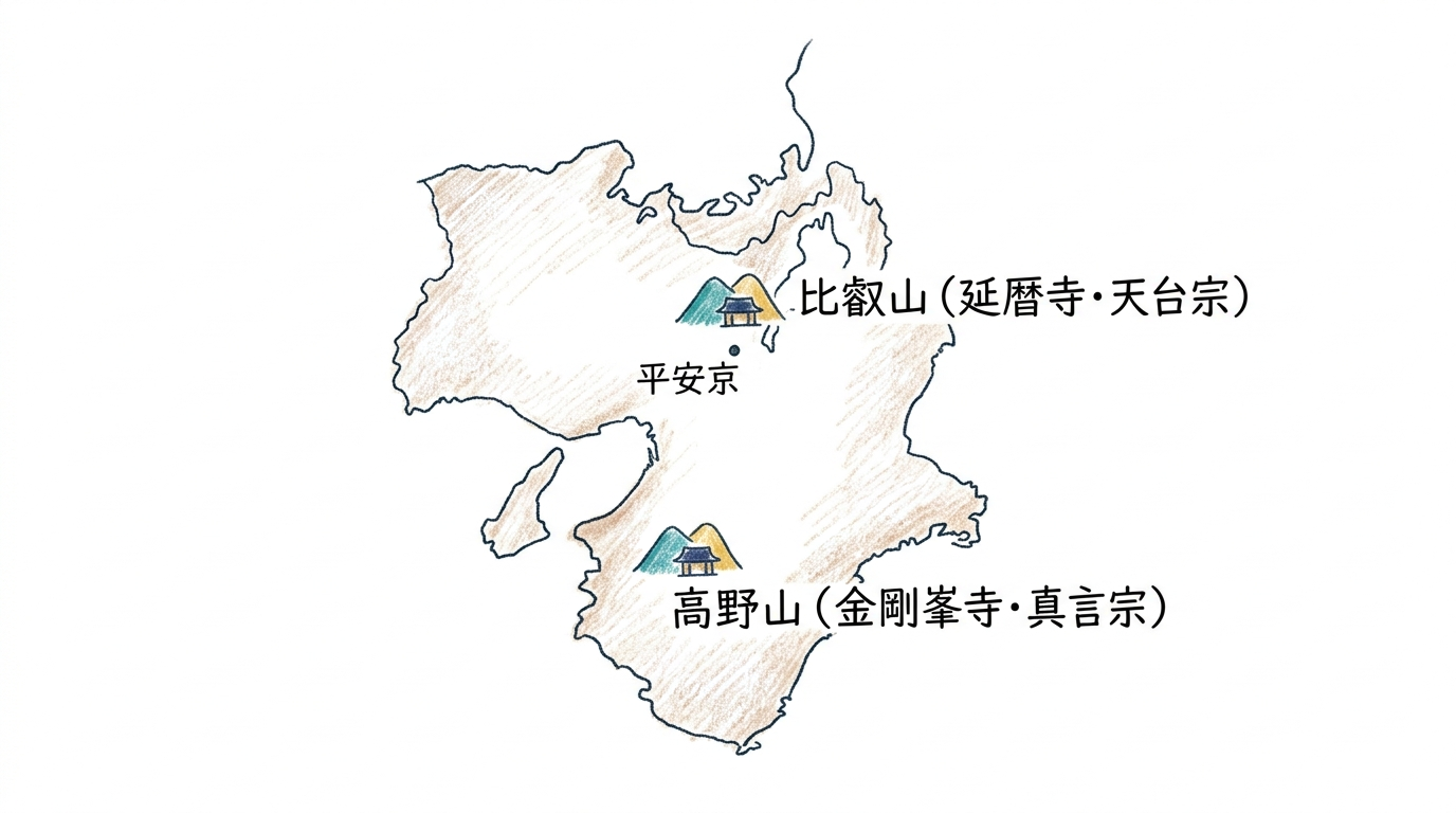 比叡山(延暦寺)と高野山(金剛峯寺)の場所を示す地図