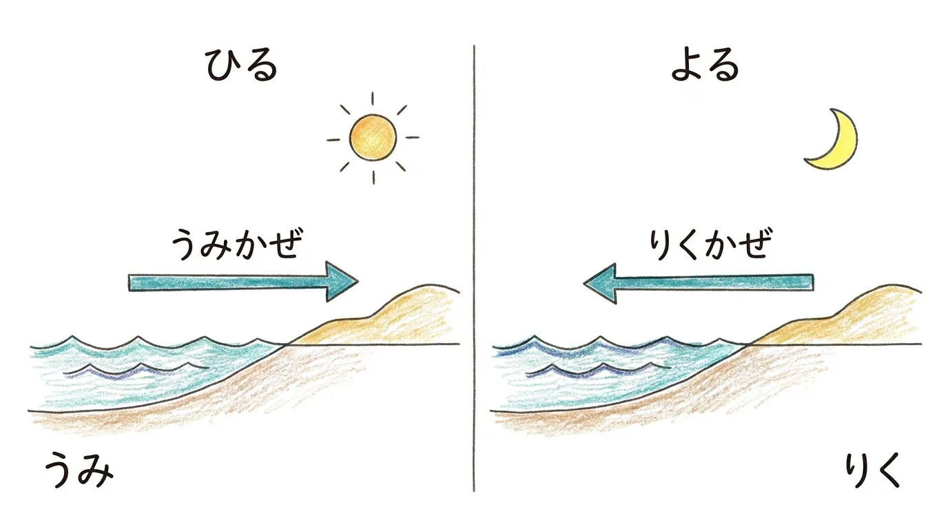 昼は海から陸へ、夜は陸から海へ吹く海風と陸風の図