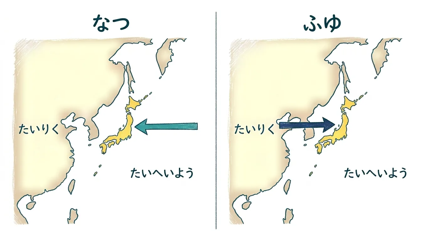 夏は海から大陸へ、冬は大陸から海へ吹く季節風の図