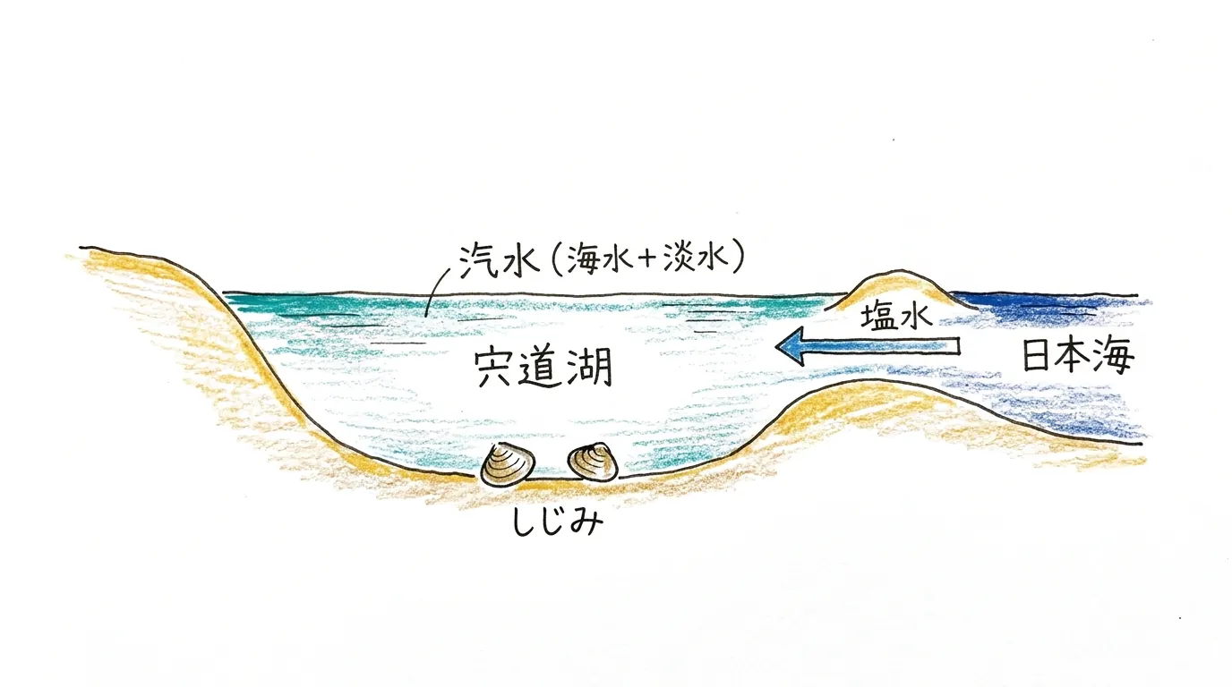 日本海とつながり海水と淡水がまじる汽水湖でしじみが育つ図