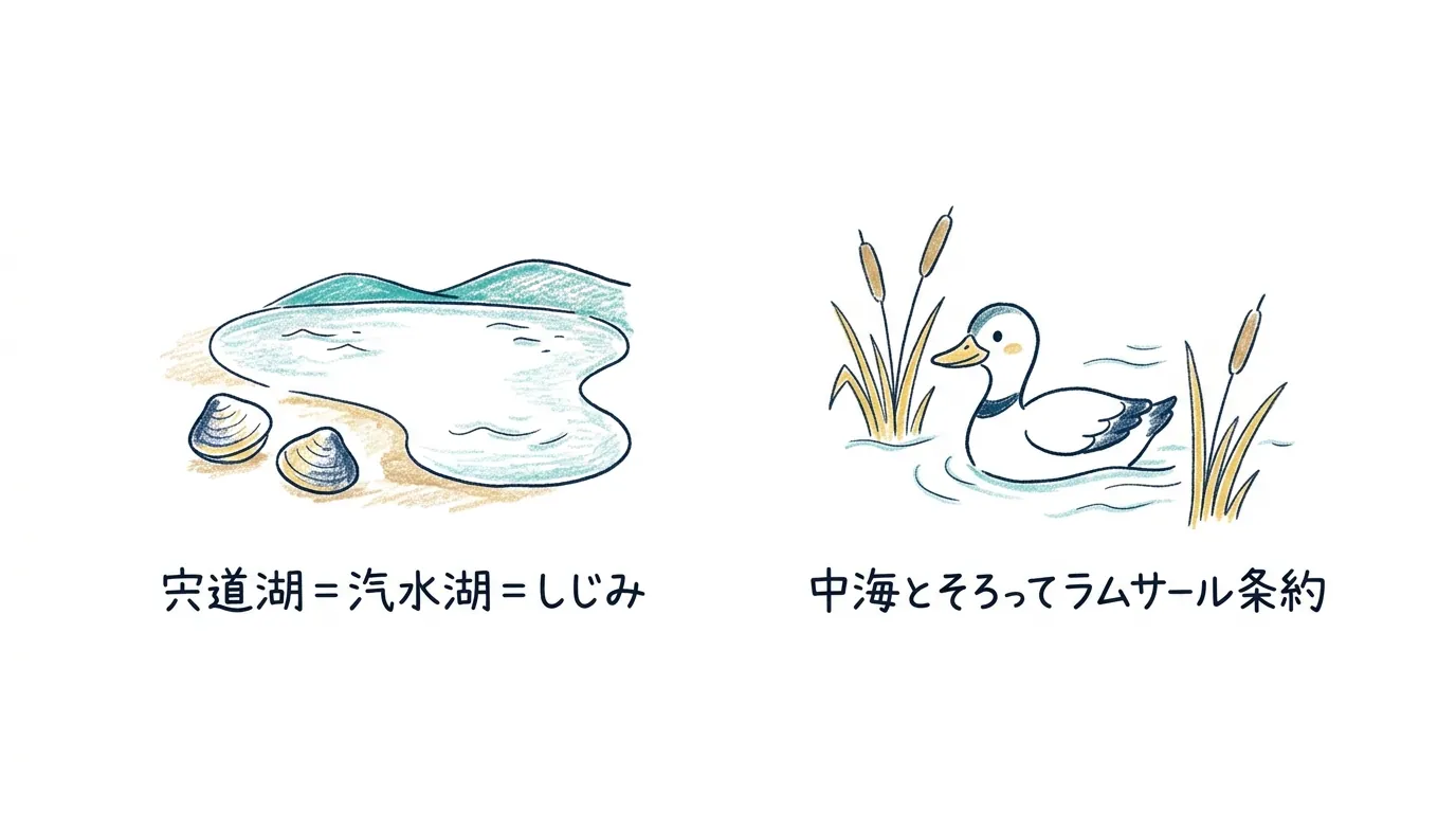 宍道湖は汽水湖でしじみ・中海とそろってラムサール条約という暗記カード
