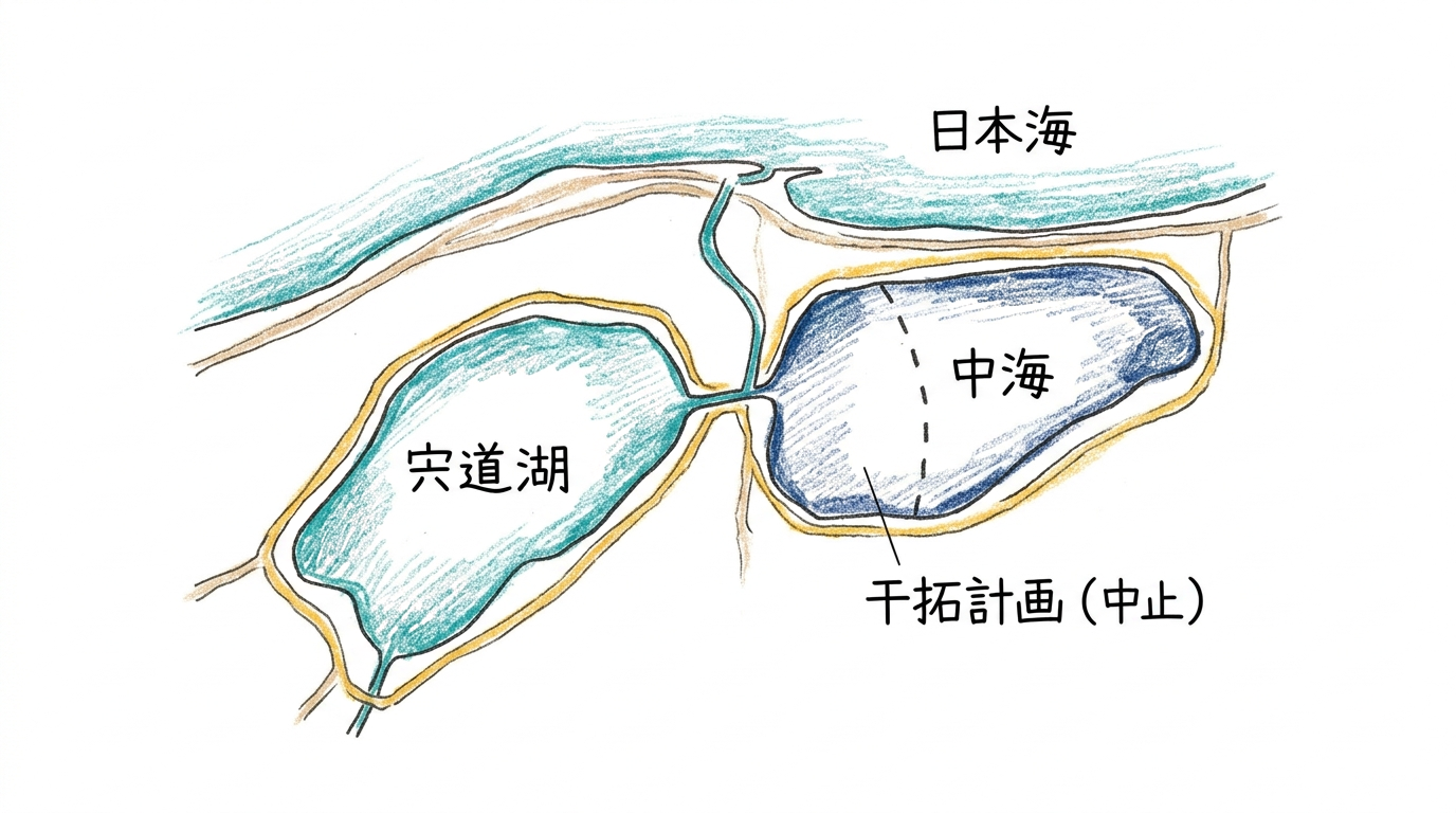 宍道湖のとなりの中海で干拓が計画され中止された位置関係の地図