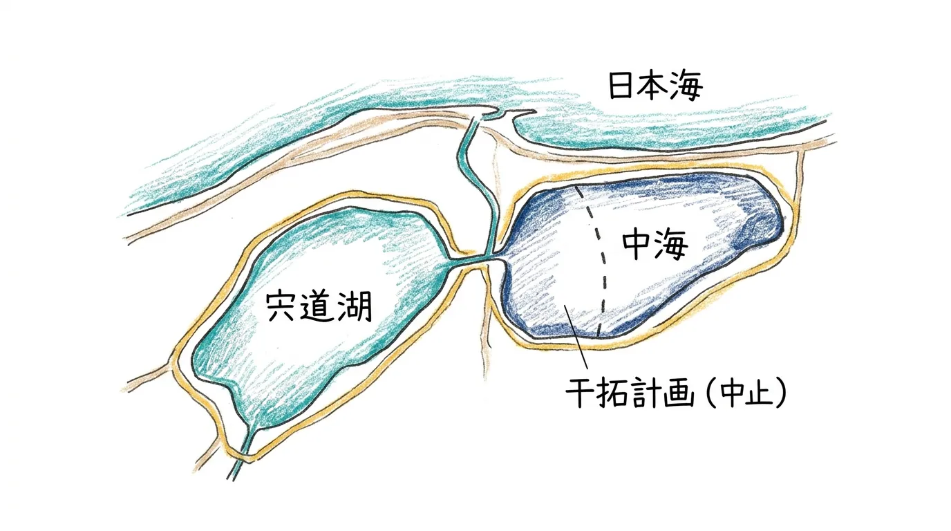 宍道湖のとなりの中海で干拓が計画され中止された位置関係の地図