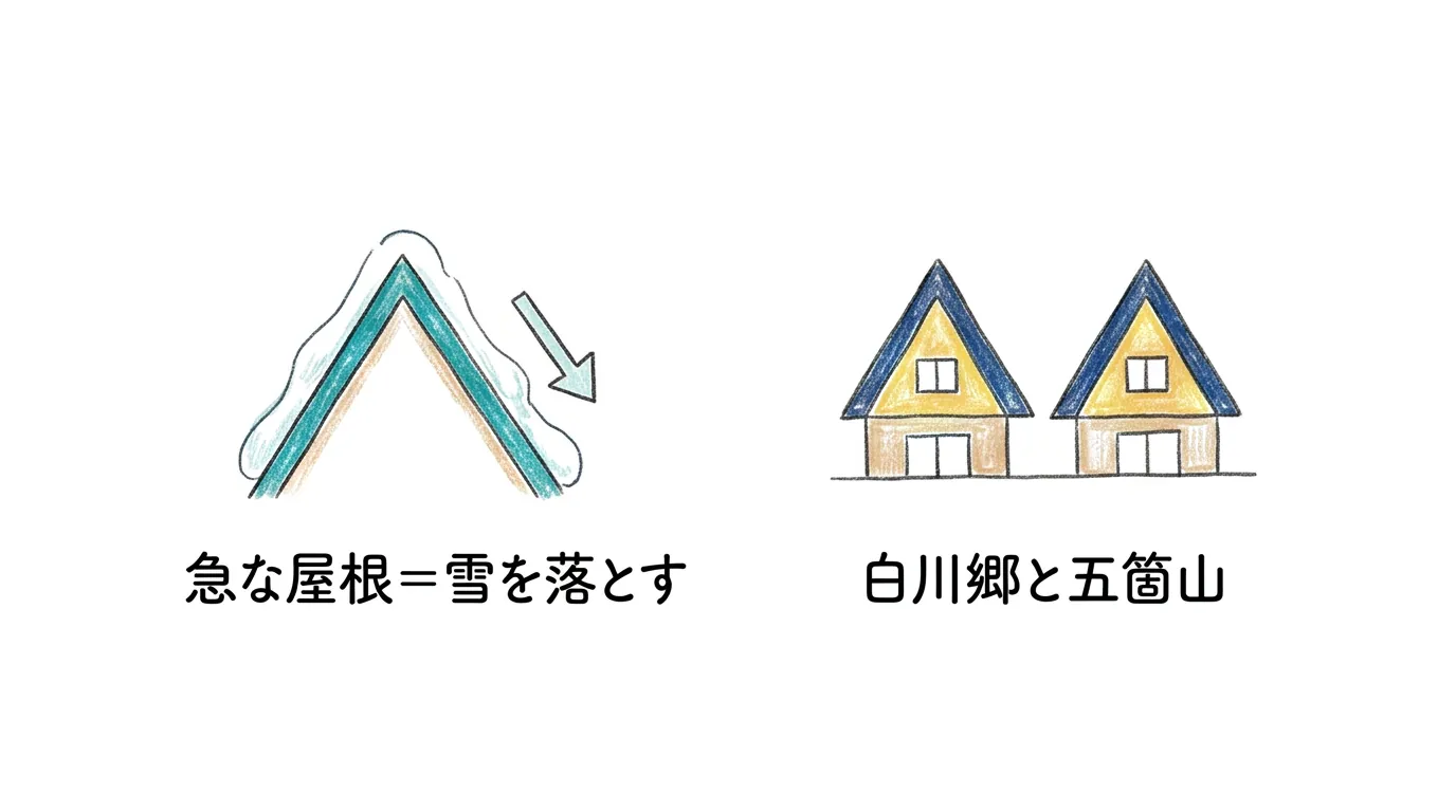 急な屋根は雪を落とすため・白川郷と五箇山のセットを覚える暗記カード