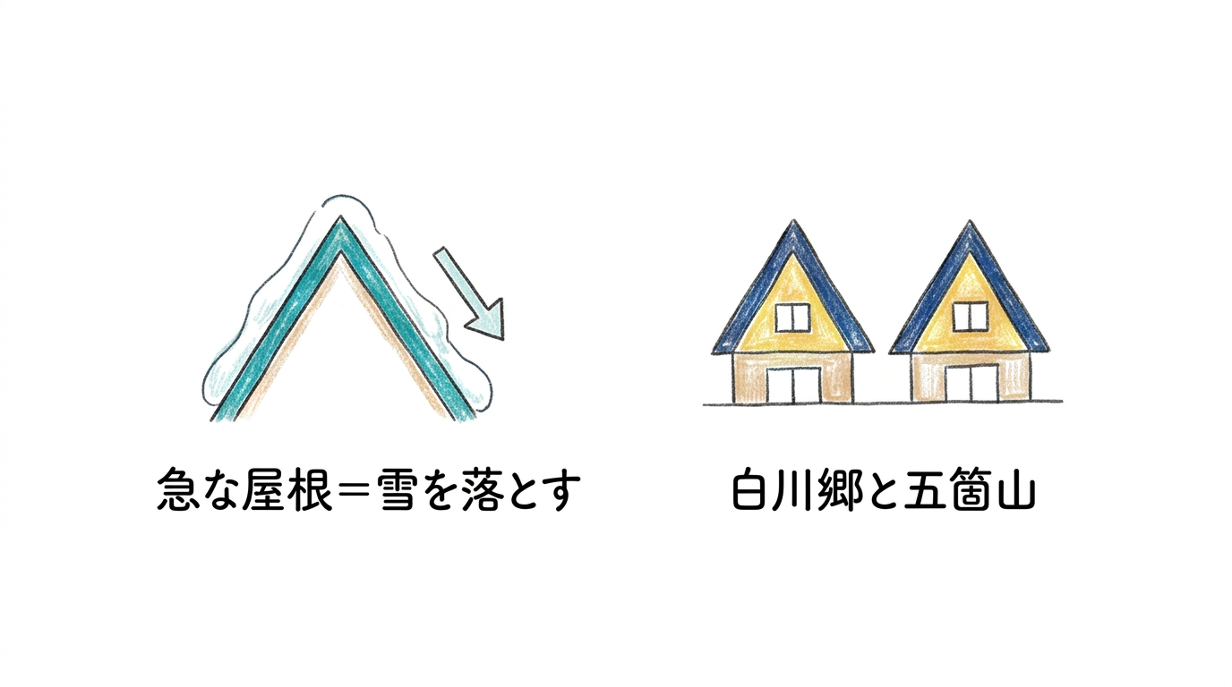 急な屋根は雪を落とすため・白川郷と五箇山のセットを覚える暗記カード