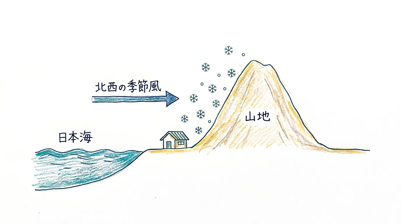 日本海の水分を含んだ北西季節風が山地にぶつかり大雪を降らせる図