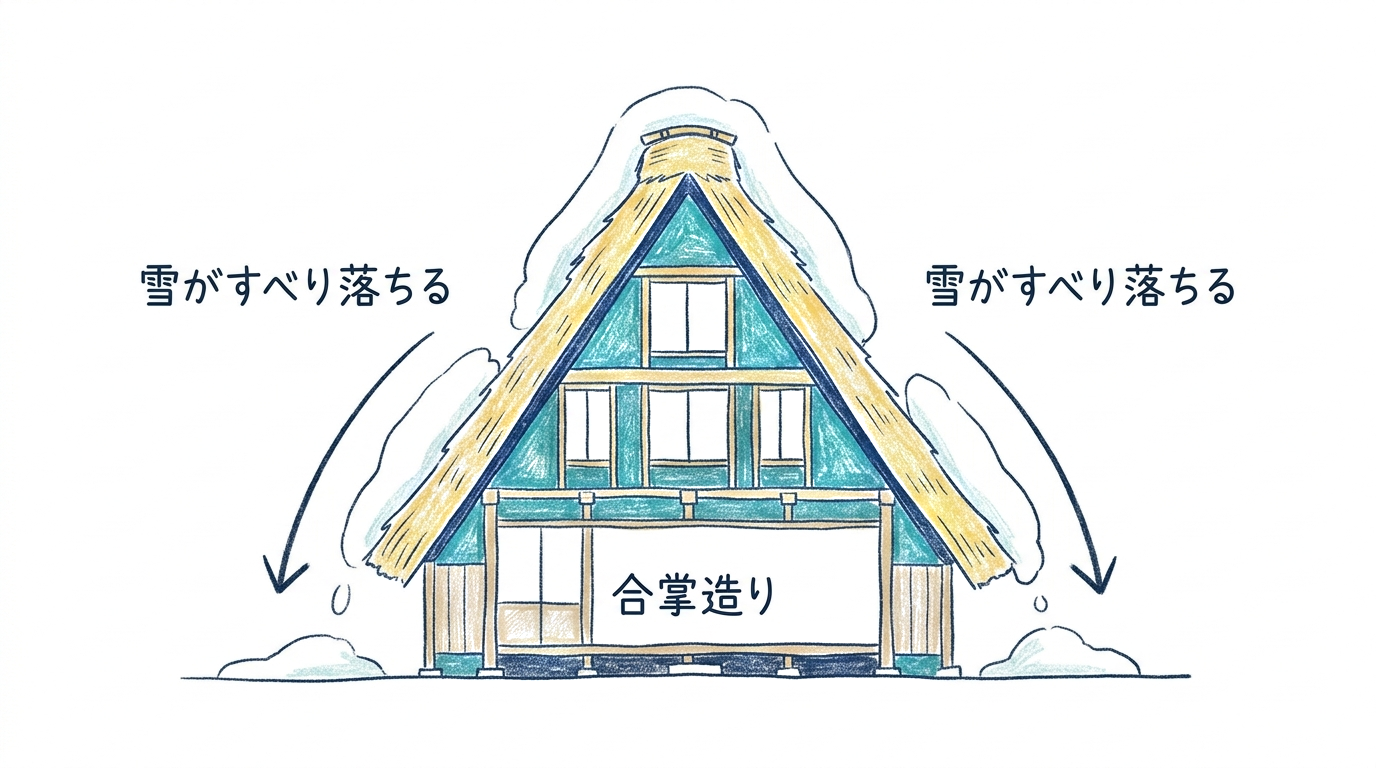急な屋根の雪が自分の重みですべり落ちる図
