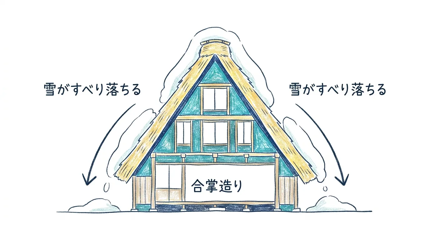 急な屋根の雪が自分の重みですべり落ちる図