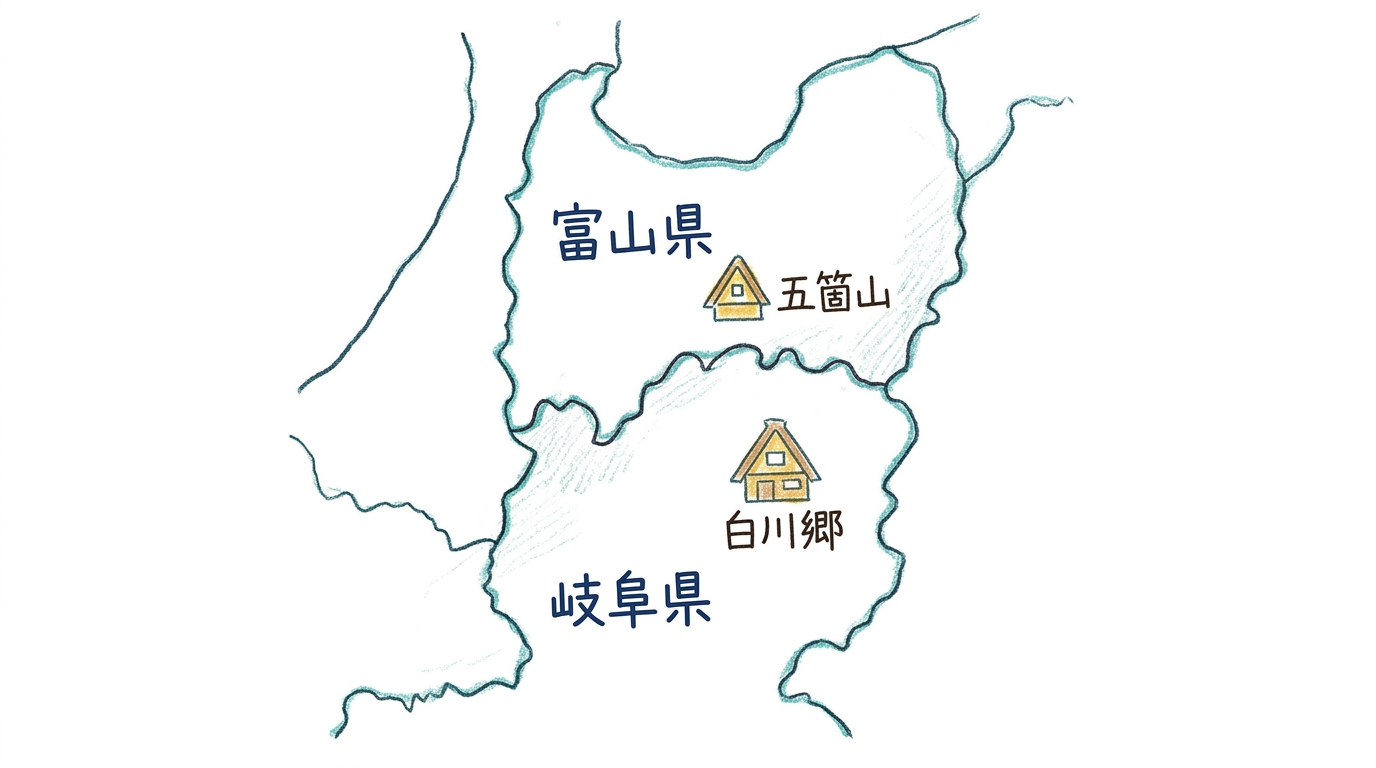 白川郷は岐阜県、五箇山は富山県にまたがるセット登録を示す地図