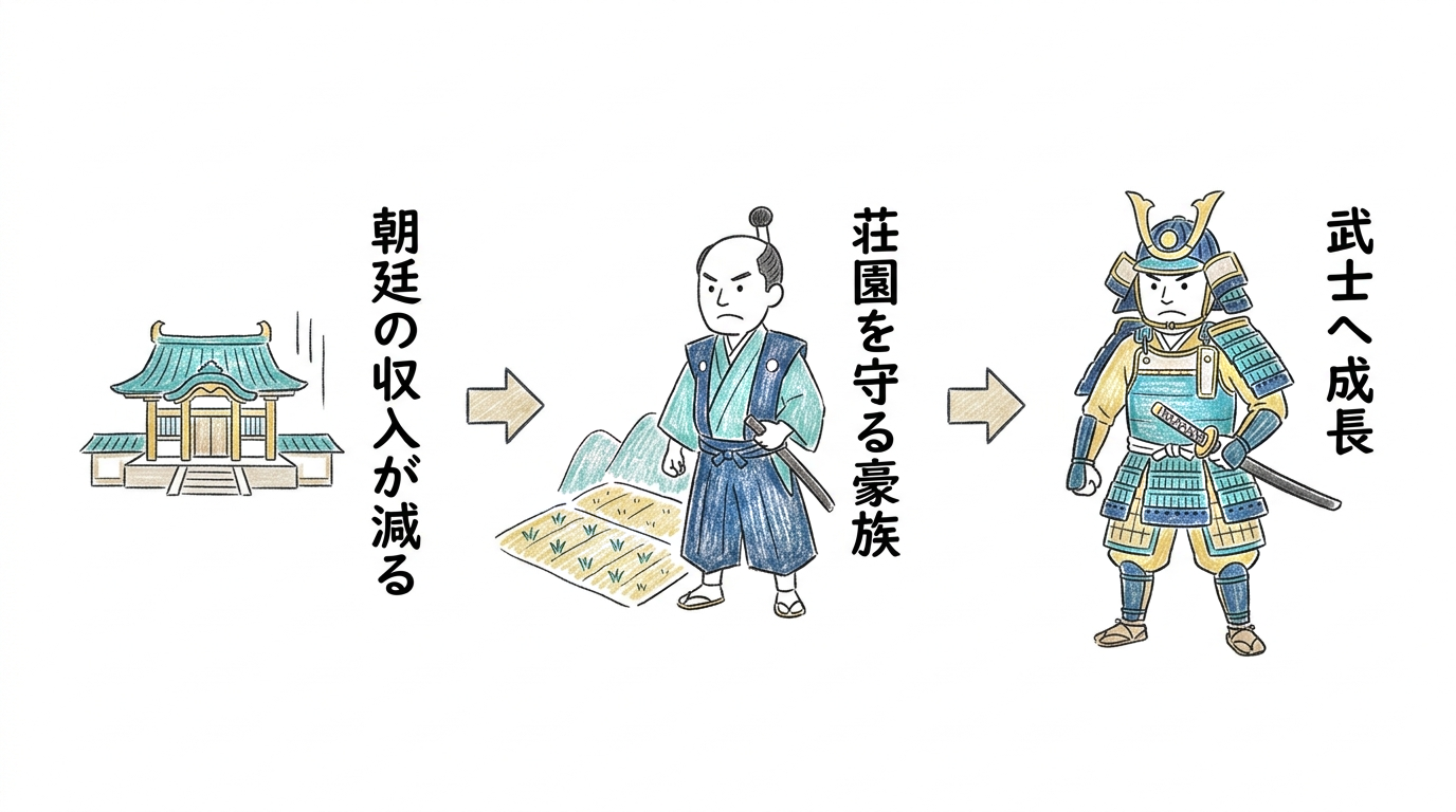 朝廷の収入が減り荘園を守る豪族が武士へ成長する流れの図