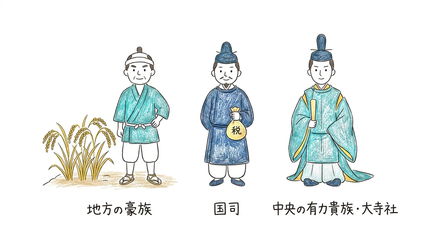 豪族・国司・中央の有力貴族という荘園の登場人物3人の図