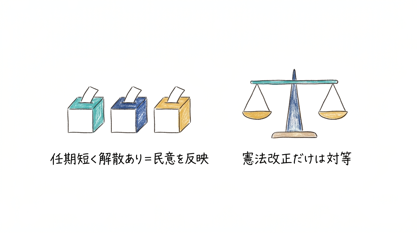 任期短く解散あり=民意反映・憲法改正だけは対等の暗記カード
