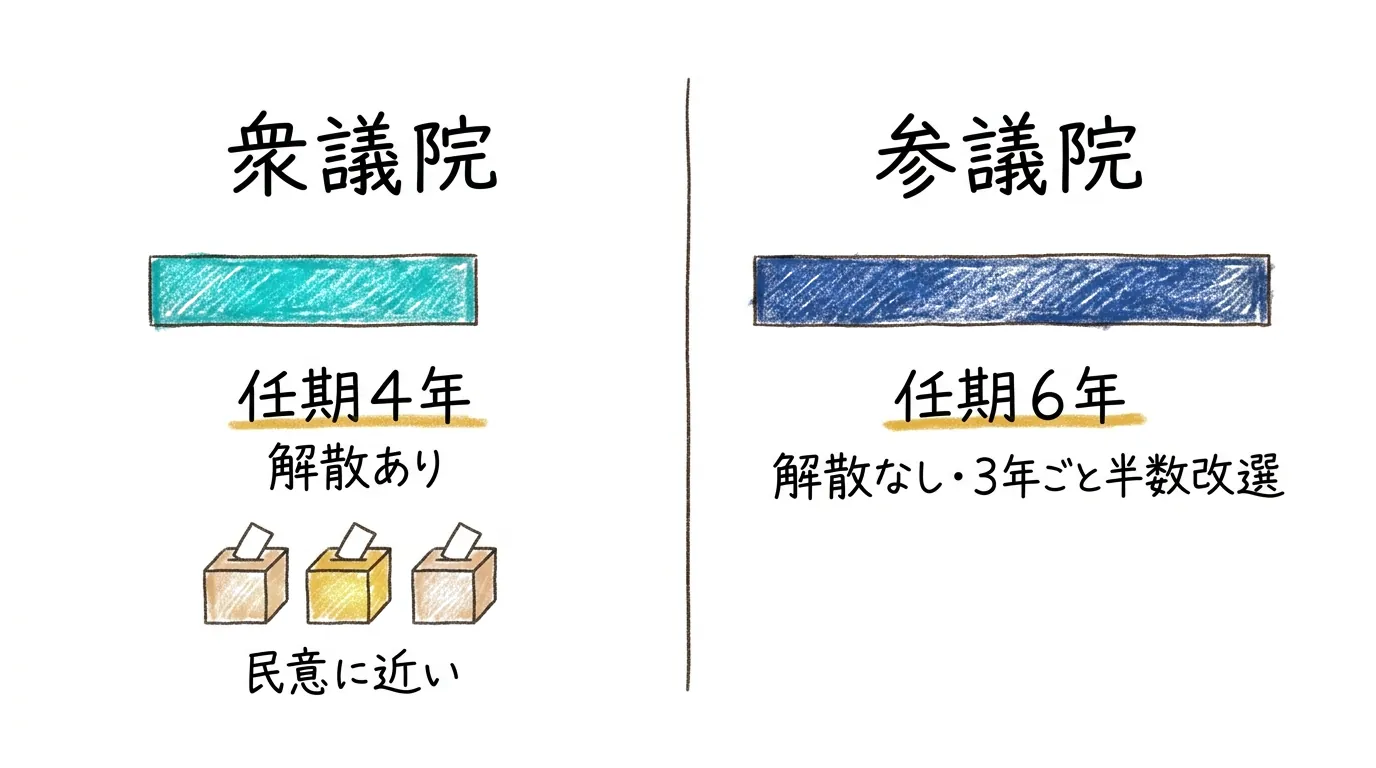 衆議院は任期4年・解散あり、参議院は任期6年という2コマ比較