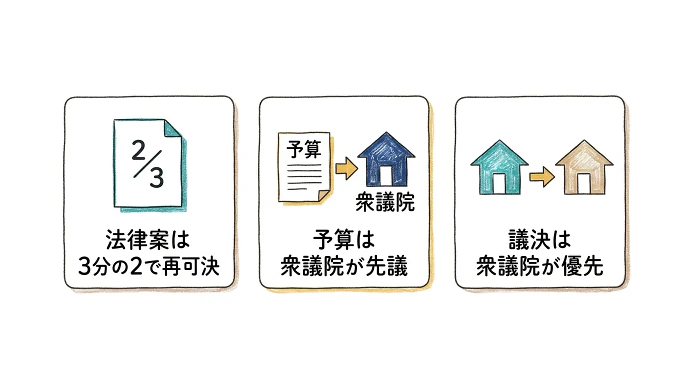 法律案の再可決・予算の先議・議決の優先という優越の中身の図