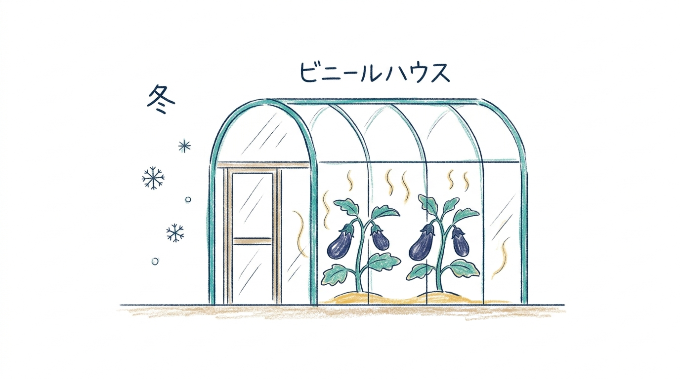 冬でもビニールハウスの中であたたかく夏野菜を育てる図
