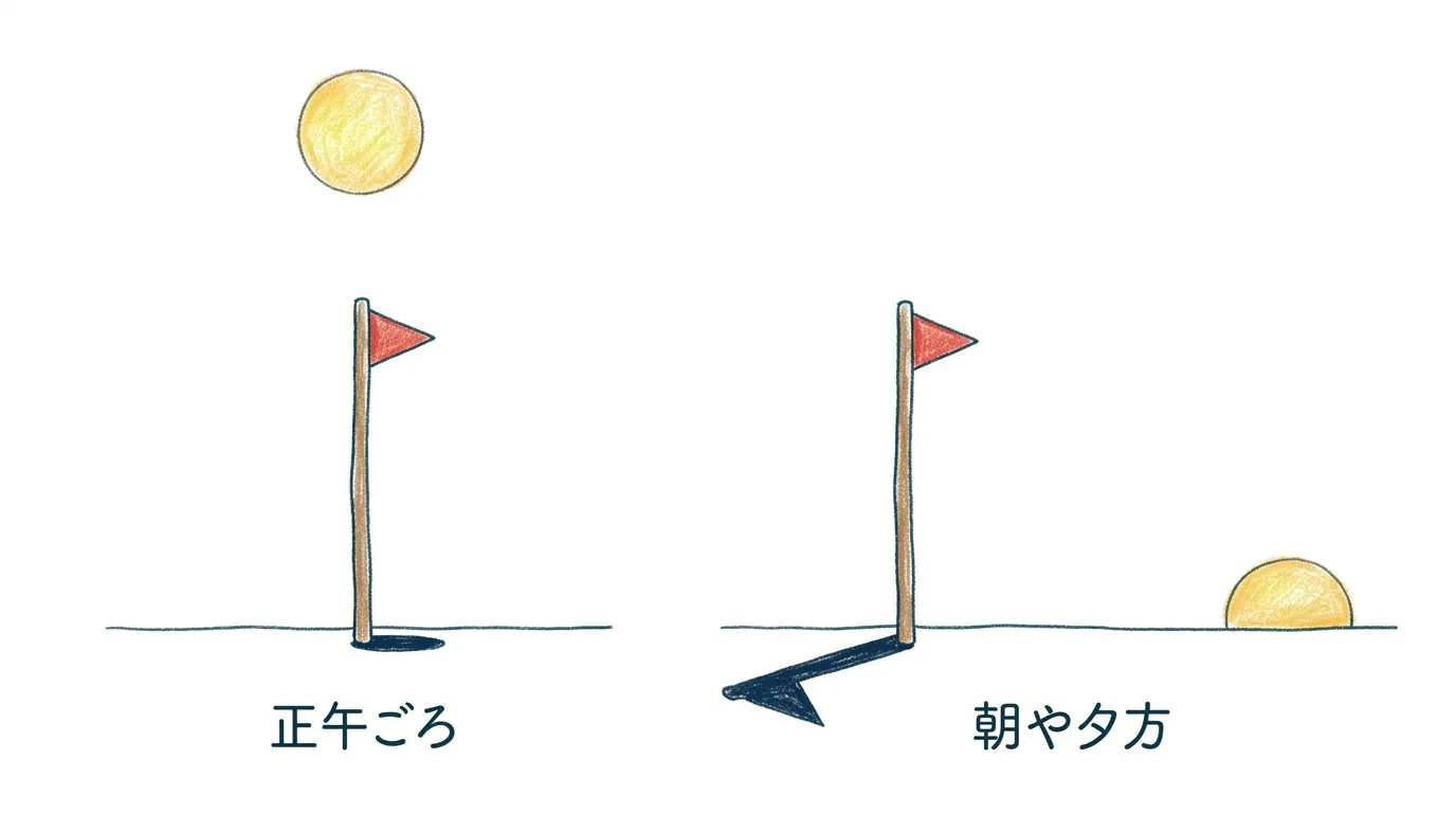 高い太陽では短く、低い太陽では長くなるかげの比較図