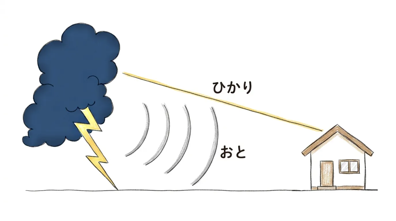 雷から光と音が同時に出発し、光だけが先に家へ届いている図