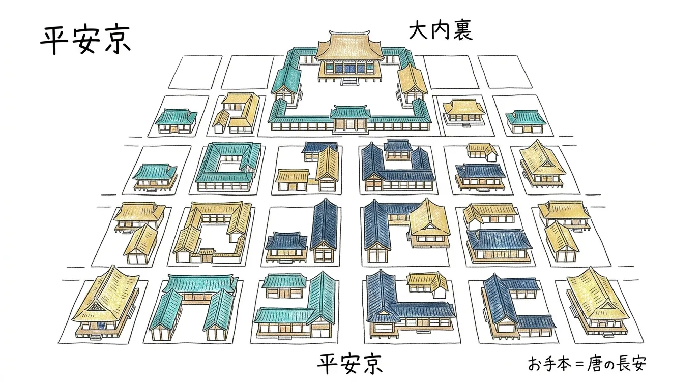 唐の長安をお手本に碁盤の目状につくられた平安京の俯瞰図