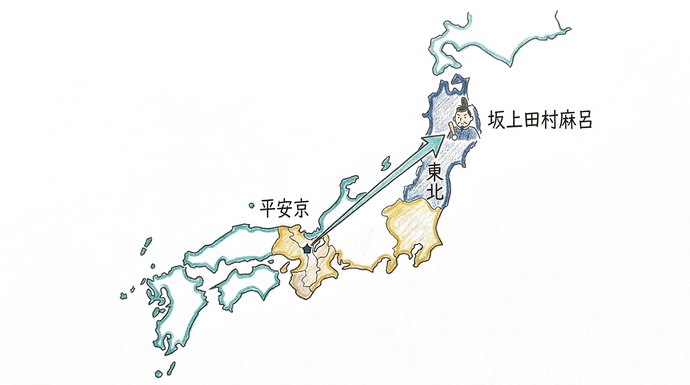 平安京から東北へ坂上田村麻呂を送った東北平定の地図