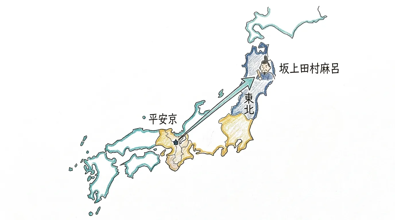 平安京から東北へ坂上田村麻呂を送った東北平定の地図