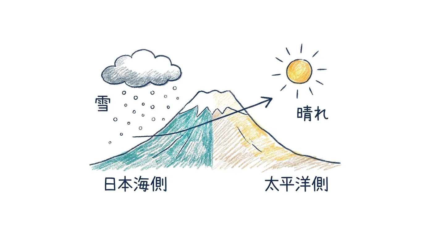 山の左は雪・右は晴れ。同じ風の手前と後ろを表す図