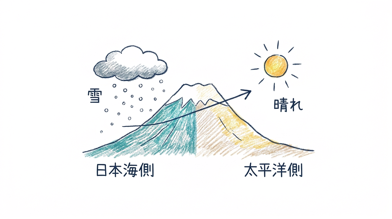 山の左は雪・右は晴れ。同じ風の手前と後ろを表す図