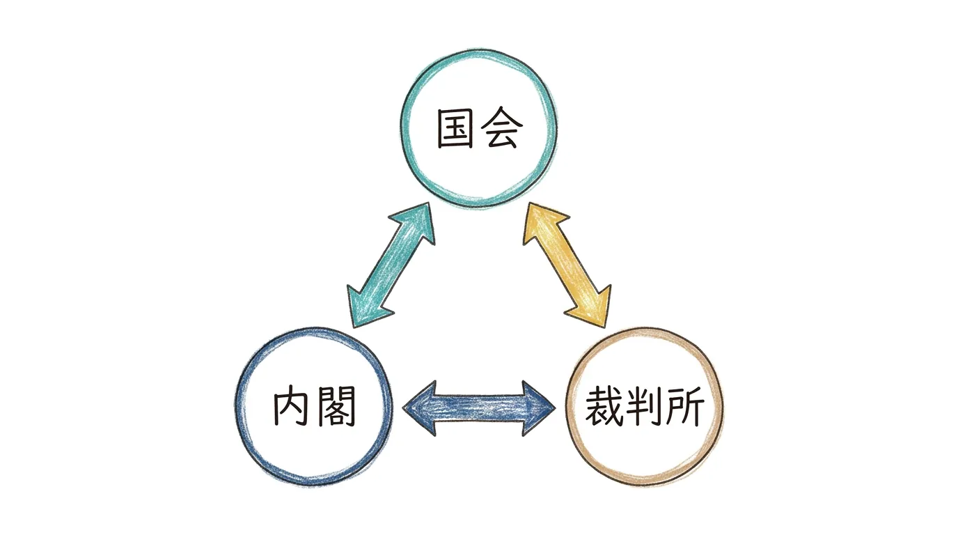 国会・内閣・裁判所が互いにチェックし合う三角形の図