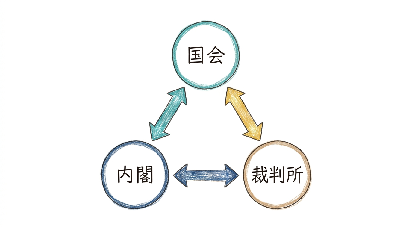 国会・内閣・裁判所が互いにチェックし合う三角形の図