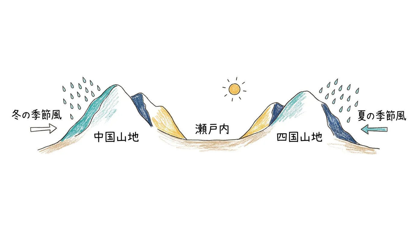 中国山地と四国山地が両側から季節風をさえぎり、瀬戸内が晴れる図